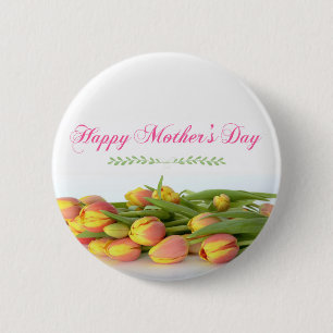 Happy Mother's Day with Yellow and Orange Tulips 6 Cm Round Badge