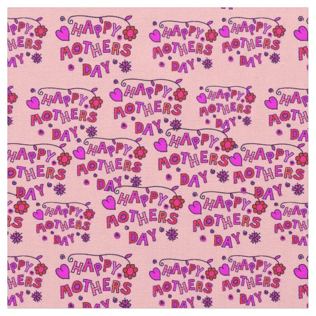 Happy Mothers Day Words Text Childlike Pink Flower Fabric (Close Up)