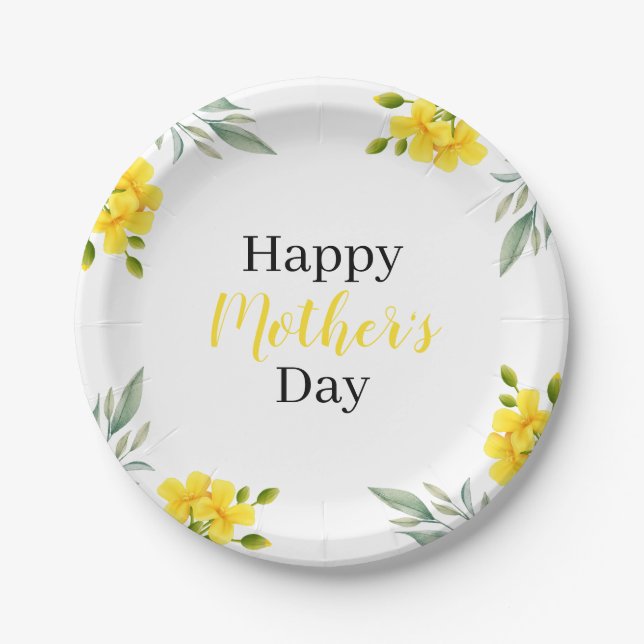 Happy Mother's Day Yellow Floral and Leaves Party Paper Plate (Front)