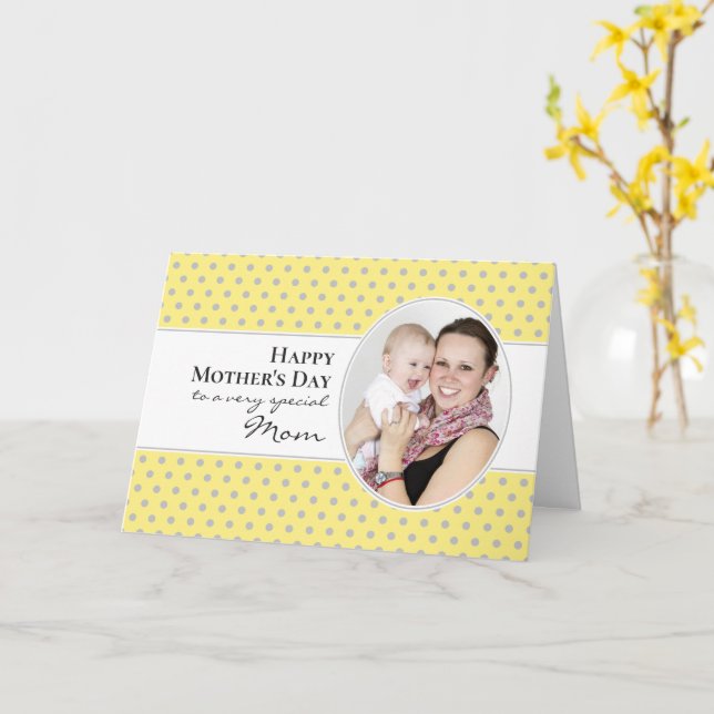 Happy Mothers Day Yellow Grey Polka Dot Photo Card (Yellow Flower)