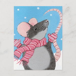 Happy Mouse in Snow Festive Postcard