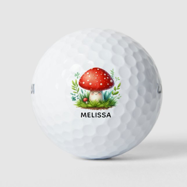 Happy Mushroom Redcap Illustration Custom Name Golf Balls (Front)