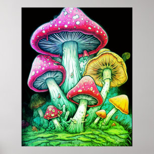 Happy Mushrooms On a Black Background on a Wall Po Poster
