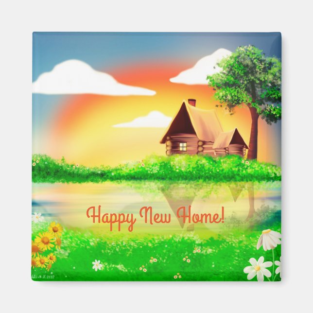 Happy New Home Cabin Scene Square Magnet (Front)
