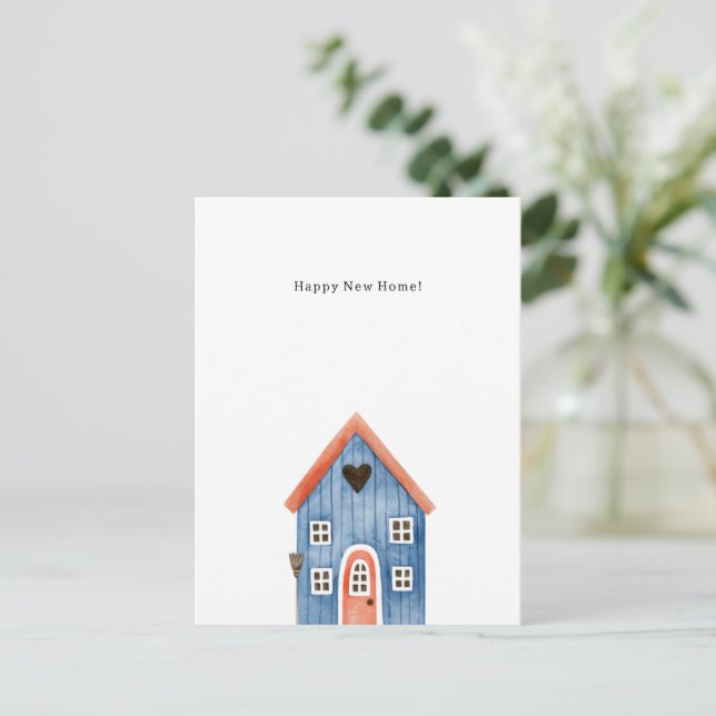 Happy New Home Quote Blue House Illustration Card (Standing Front)