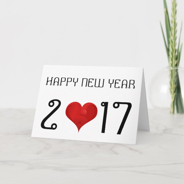 Happy New Year 2017 Numbers Cute Heart Typography Holiday Card (Front)
