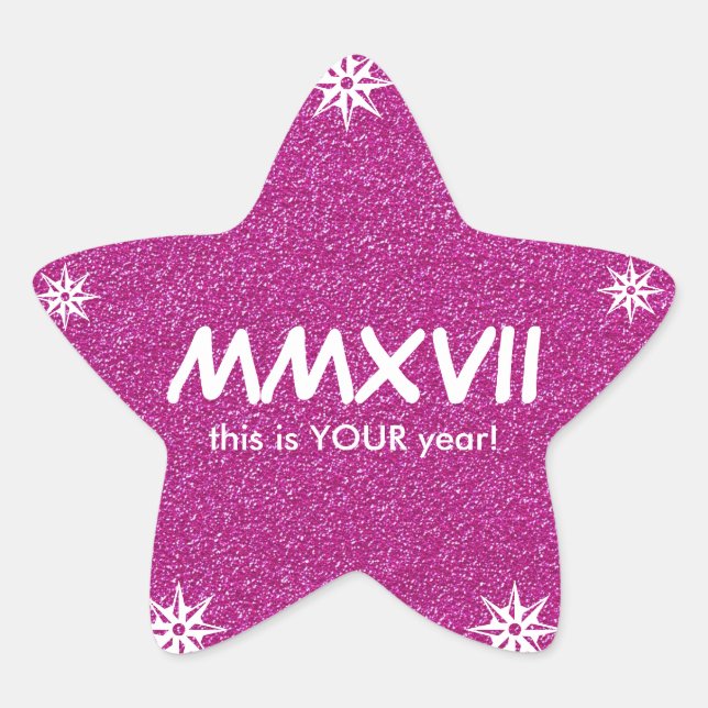 Happy New Year 2017 Pink Roman Numeral Motivation Star Sticker (Front)