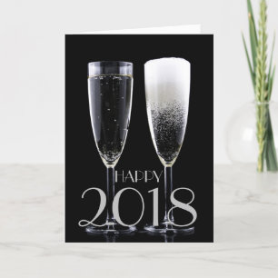 Happy New Year 2018 Black White Champagne Flute Holiday Card