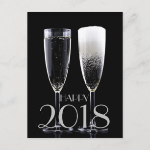 Happy New Year 2018 Black White Champagne Flute Holiday Postcard