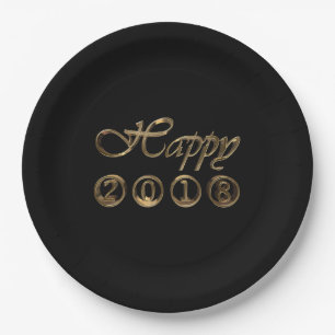 Happy New Year 2018 Elegant Black Gold Typography Paper Plate