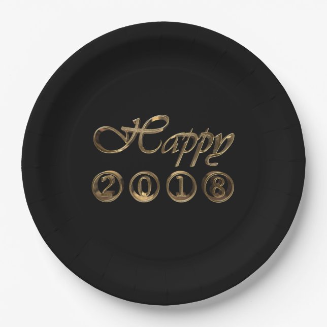 Happy New Year 2018 Elegant Black Gold Typography Paper Plate (Front)