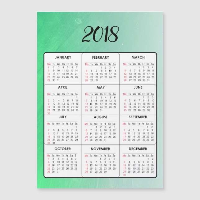 Happy New Year 2018 Green  Magnetic Calendar (Front)