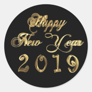 Happy New Year 2019 Black and Gold Script Classic Round Sticker