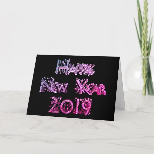 Happy New Year 2019 Black and Pink Stars Text Holiday Card (Front)