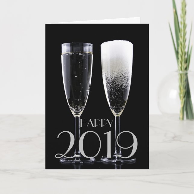 Happy New Year 2019 Black White Champagne Flute Holiday Card (Front)