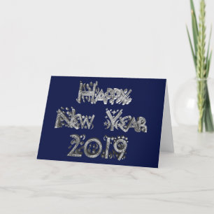 Happy New Year 2019 Blue and Silver Stars Text Holiday Card