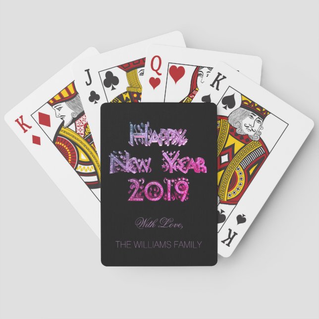 Happy New Year 2019 Elegant Black and Pink Text Playing Cards (Back)