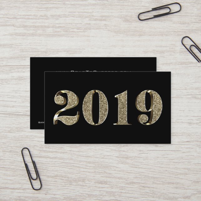 Happy New Year 2019 Golden Black White Gold Business Card (Front/Back In Situ)