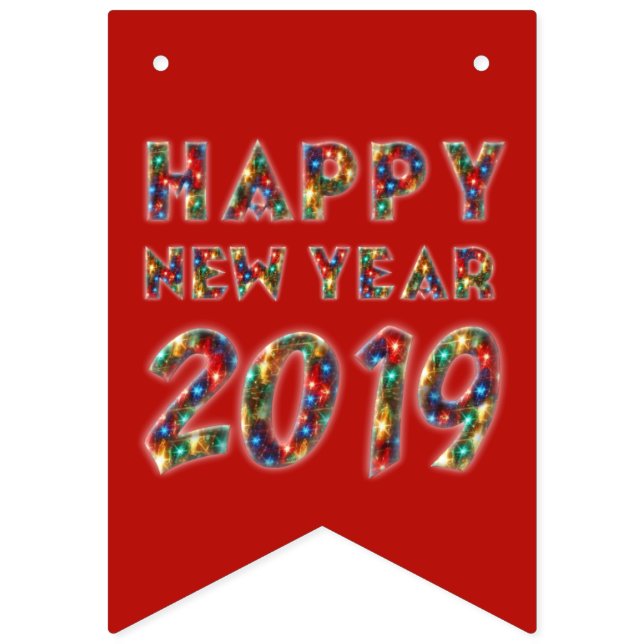 Happy New Year 2019 Party Fireworks Typography Red Bunting (First Flag)