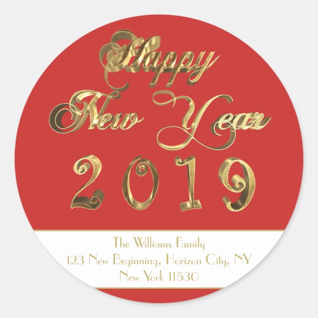 Happy New Year 2019 Red and White Gold Script Classic Round Sticker (Front)