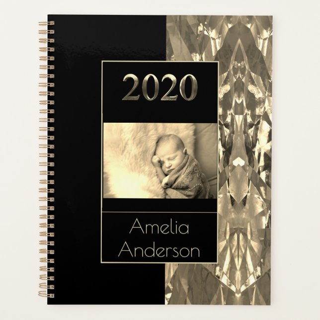 Happy New Year 2020 Black and Gold Sepia Photo Planner (Front)