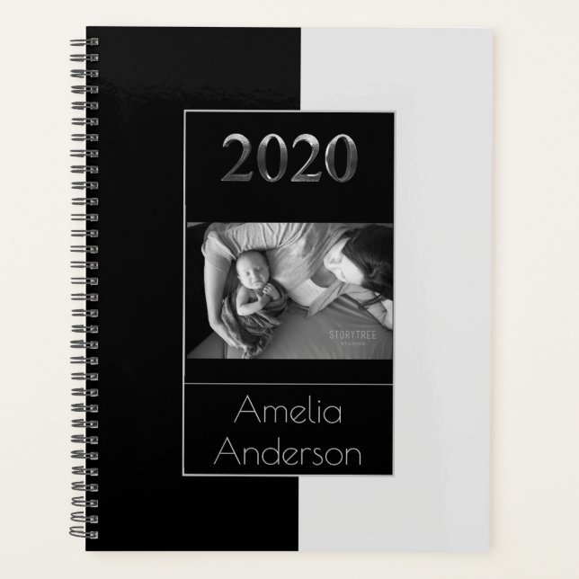 Happy New Year 2020 Black and Silver Grey Elegant Planner (Front)