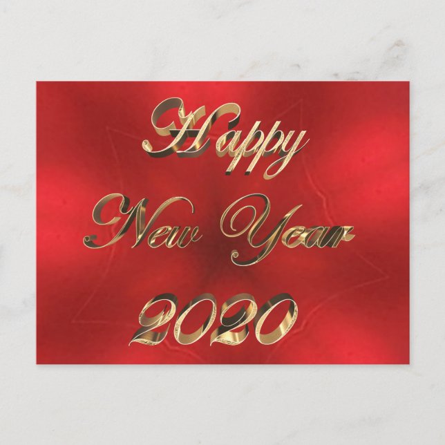 Happy New Year 2020 Script Red and Gold Chic Postcard (Front)