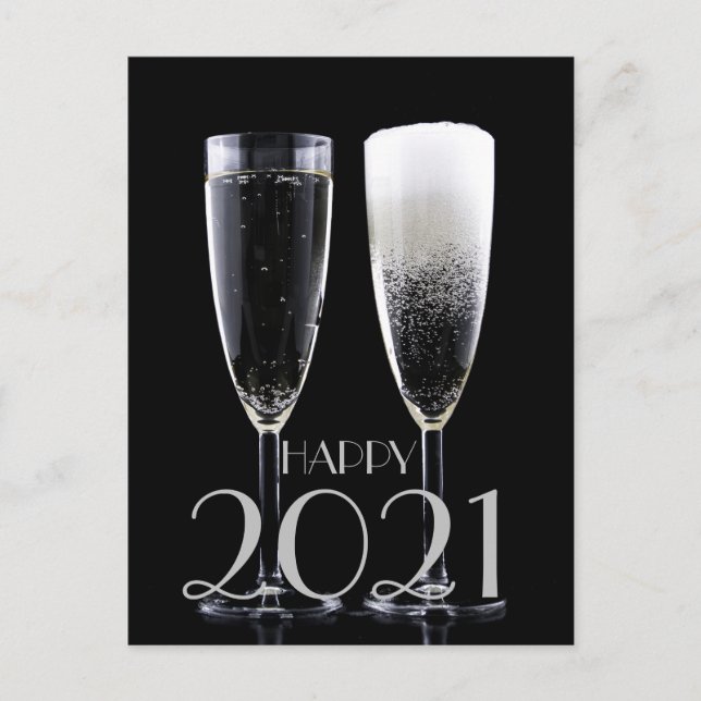 Happy New Year 2021 Black White Champagne Flute Holiday Postcard (Front)