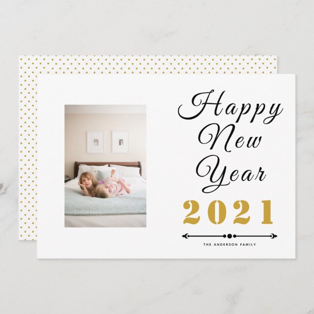 Happy New Year 2021 calligraphy script gold photo Holiday Card (Front/Back)