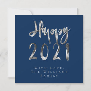 Happy New Year 2021 Chic Blue Silver Grey Script Holiday Card