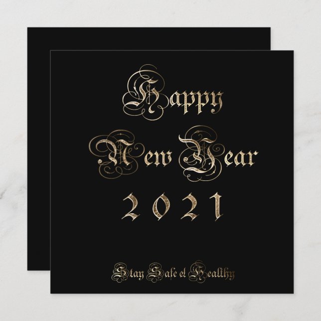 Happy New Year 2021 Elegant Black and Gold Script Holiday Card (Front/Back)