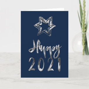 Happy New Year 2021 Elegant Blue Silver Grey Stars Holiday Card