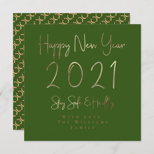 Happy New Year 2021 Elegant Gold Script Green Holiday Card (Front/Back)