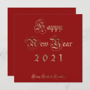 Happy New Year 2021 Elegant Red and Gold Script Holiday Card