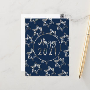 Happy New Year 2021 Elegant Silver Grey Stars Blue Holiday Postcard