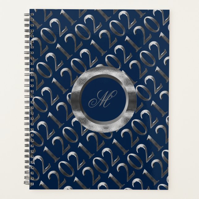 Happy New Year 2021 Navy Blue Silver Grey Elegant Planner (Front)
