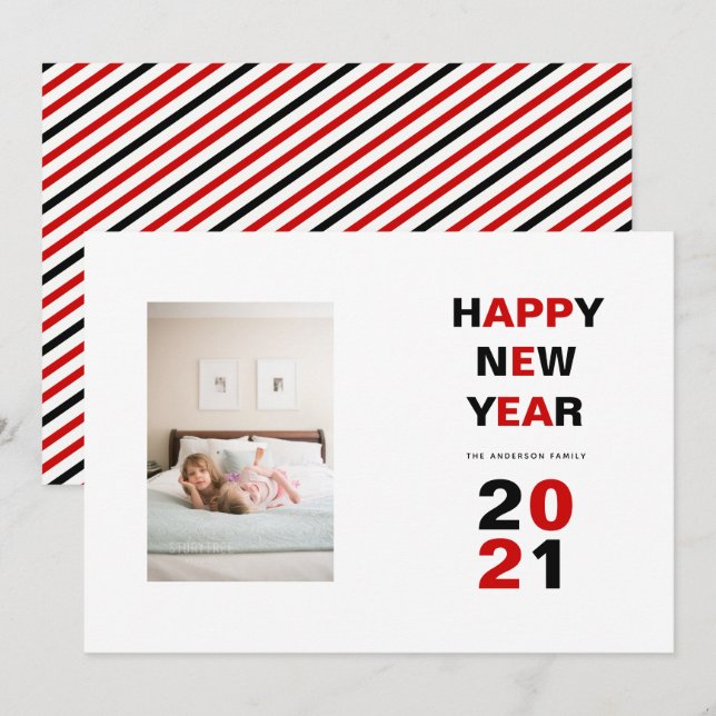 Happy New Year 2021 red, black typography  photo Holiday Card (Front/Back)