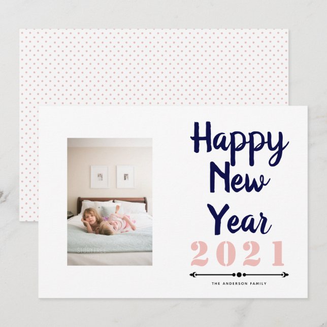 Happy New Year 2021 typography navy blush photo Holiday Card (Front/Back)