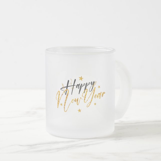 Happy New Year 2022 Design with Glittered Letter Frosted Glass Coffee Mug (Front Right)