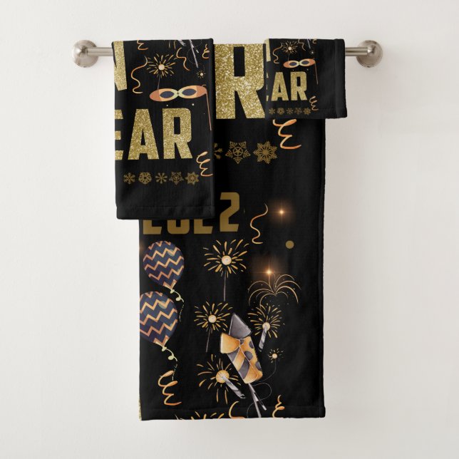 Happy New Year 2022, Holiday Gold Glitter Festive Bath Towel Set (Insitu)