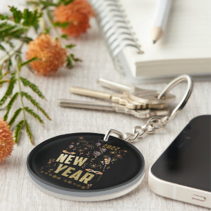 Happy New Year 2022, Holiday Gold Glitter Festive Key Ring