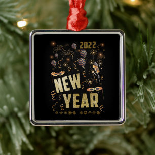 Happy New Year 2022, Holiday Gold Glitter Festive Metal Tree Decoration