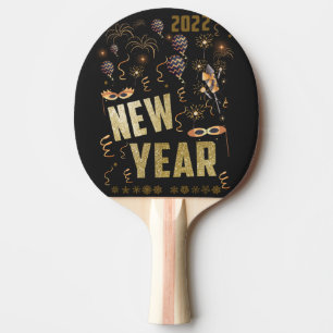 Happy New Year 2022, Holiday Gold Glitter Festive Ping Pong Paddle