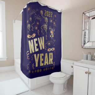 Happy New Year 2022, Holiday Gold Glitter Festive Shower Curtain