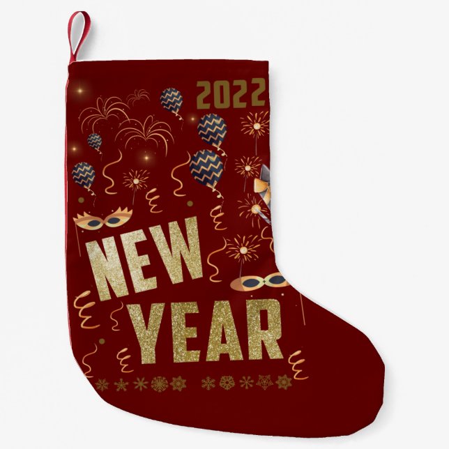 Happy New Year 2022, Holiday Gold Glitter Festive Small Christmas Stocking (Front)
