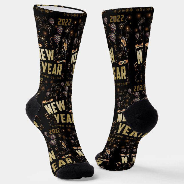 Happy New Year 2022, Holiday Gold Glitter Festive  Socks (Angled)