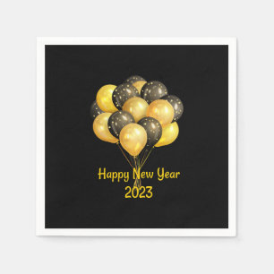 Happy New Year 2023 Black and Gold Balloons (Black Napkin