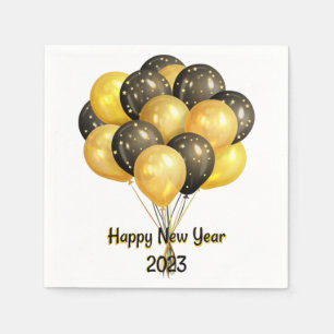 Happy New Year 2023 Black and Gold Balloons Napkin