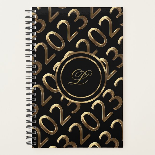 Happy New Year 2023 Black and Gold Look Elegant Planner (Front)