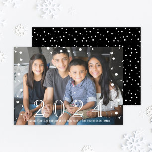 Happy New Year 2023 Black White Confetti Photo Holiday Card